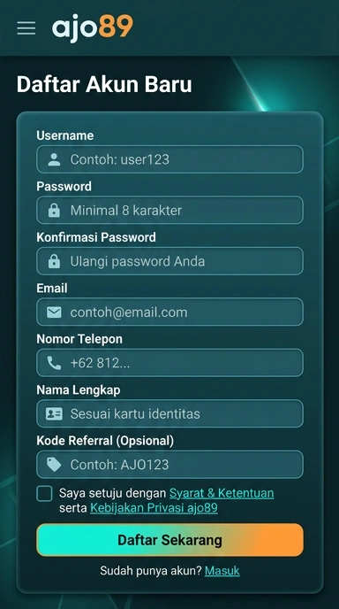 Tampilan halaman daftar ajo89