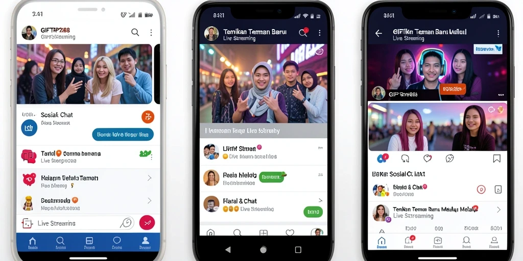 Antarmuka pengguna aplikasi Live Streaming yang interaktif dan menarik.